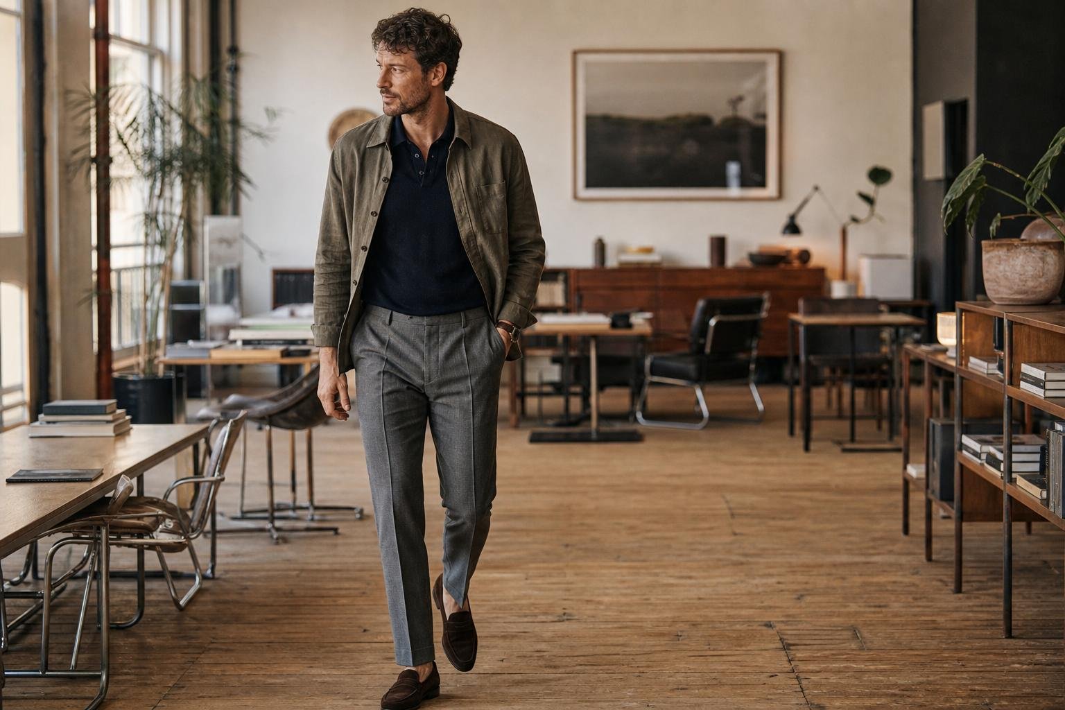 Man wearing a dark knit polo, gray tailored trousers, and an olive overshirt in a creative office