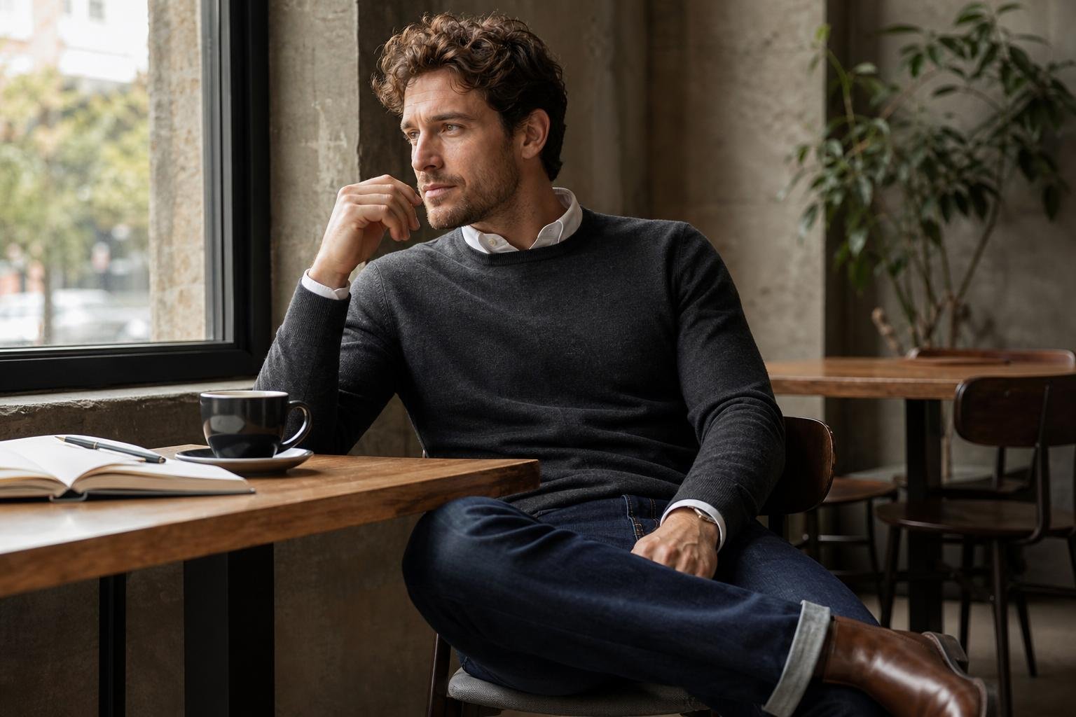 Dark indigo jeans styled with a white button-down, gray merino sweater, and brown leather boots