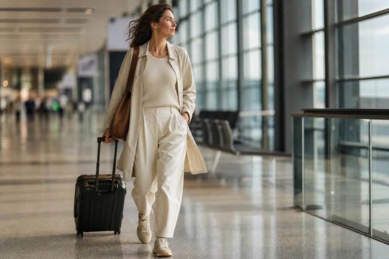 Woman in a relaxed neutral travel outfit walking through a bright airport terminal with a carry-on bag