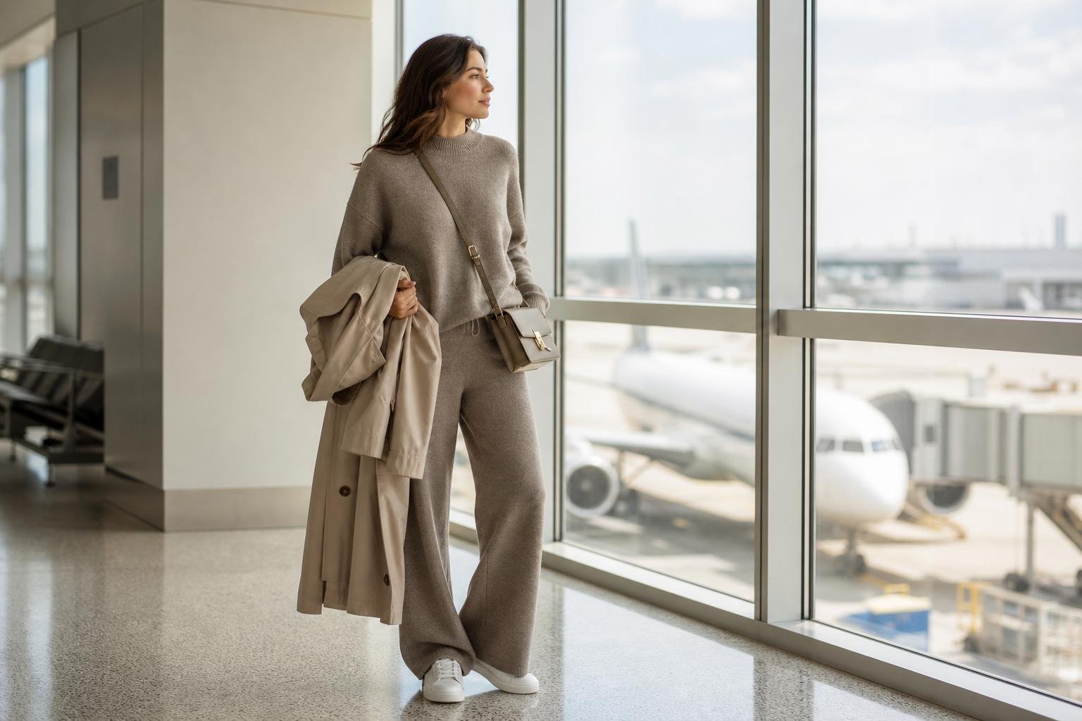Travel outfit ideas for women shown in a neutral knit set with sneakers and a lightweight trench