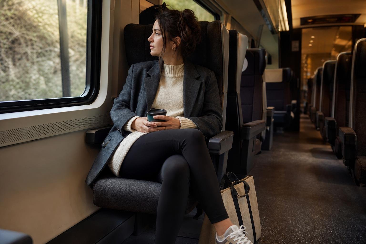 Woman in black leggings, a long cream knit, and a relaxed blazer seated by a train window