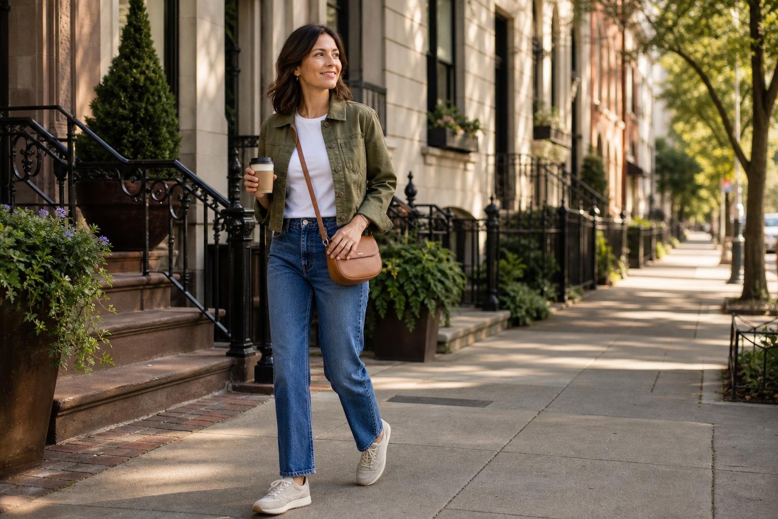 Woman exploring a walkable city in straight-leg jeans, a white T-shirt, jacket, and supportive sneakers