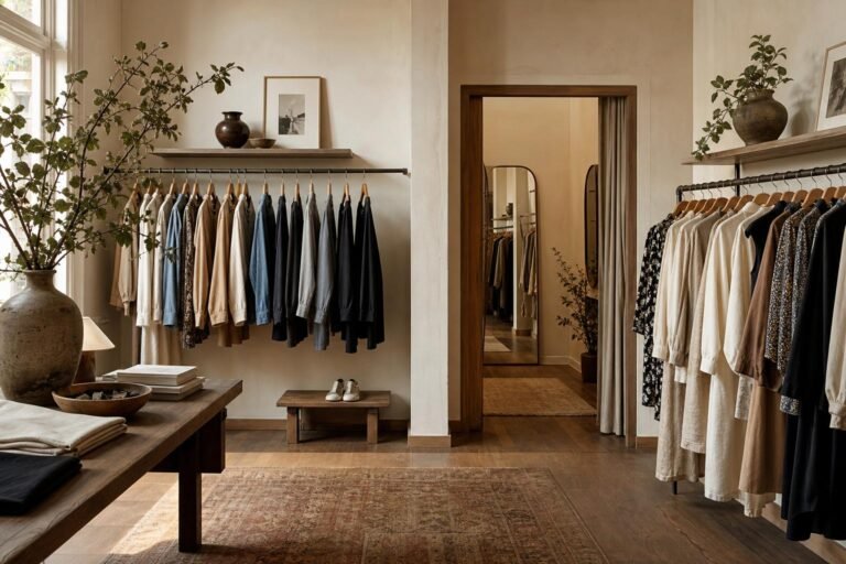 Well-organized fashion boutique interior with clothing racks, fitting room area, and soft natural light