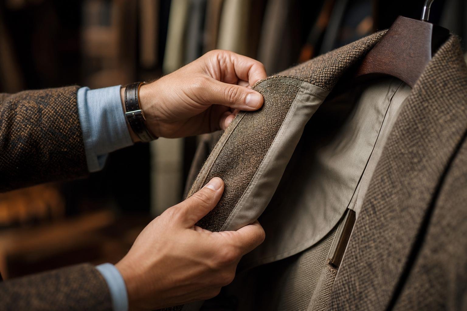 Close view of hands examining a garment’s seams, lining, and fabric texture