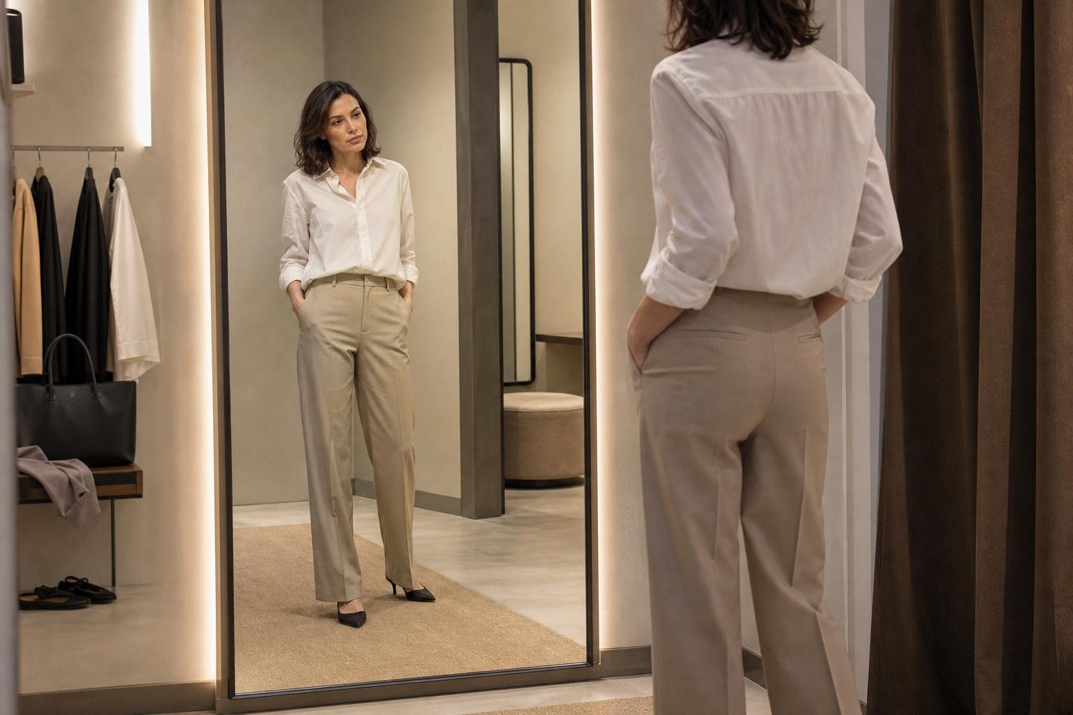 Shopper checking the fit of tailored trousers in a full-length fitting room mirror