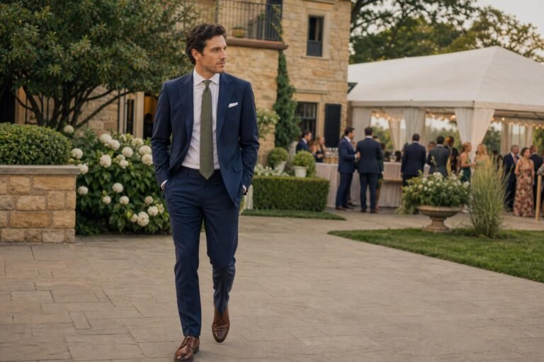Well-dressed male wedding guest in a navy suit standing outside an elegant reception venue