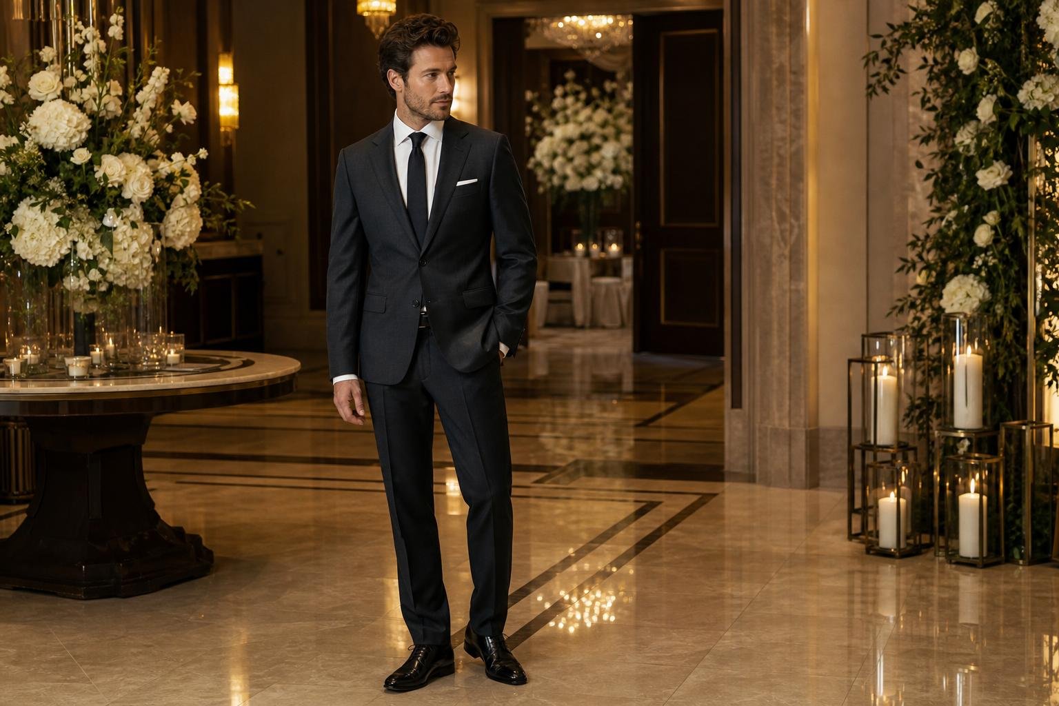 Wedding guest outfit ideas male guests can wear, shown on a man in a tailored charcoal suit at a formal venue