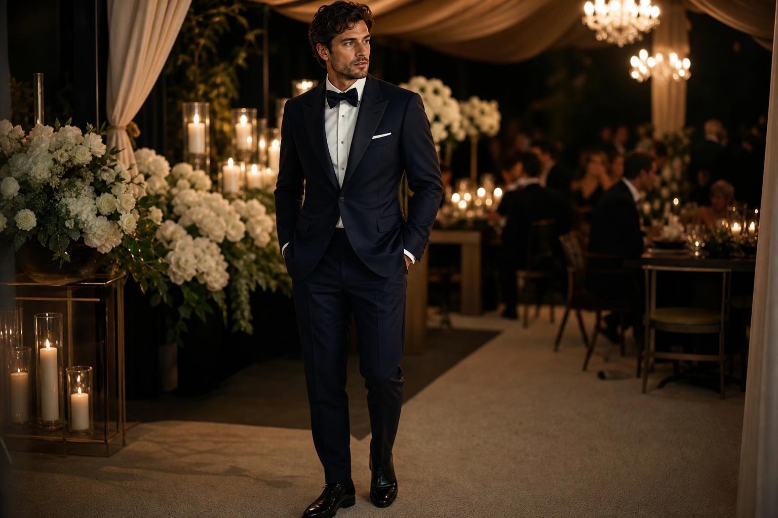 Man in a midnight navy tuxedo with a black bow tie at an evening wedding reception