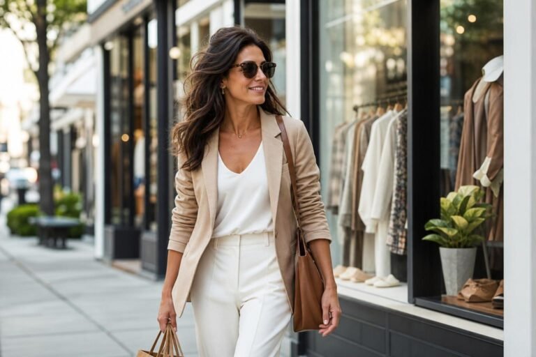 Well-dressed shopper walking past a row of independent clothing stores in a bright neighborhood shopping district