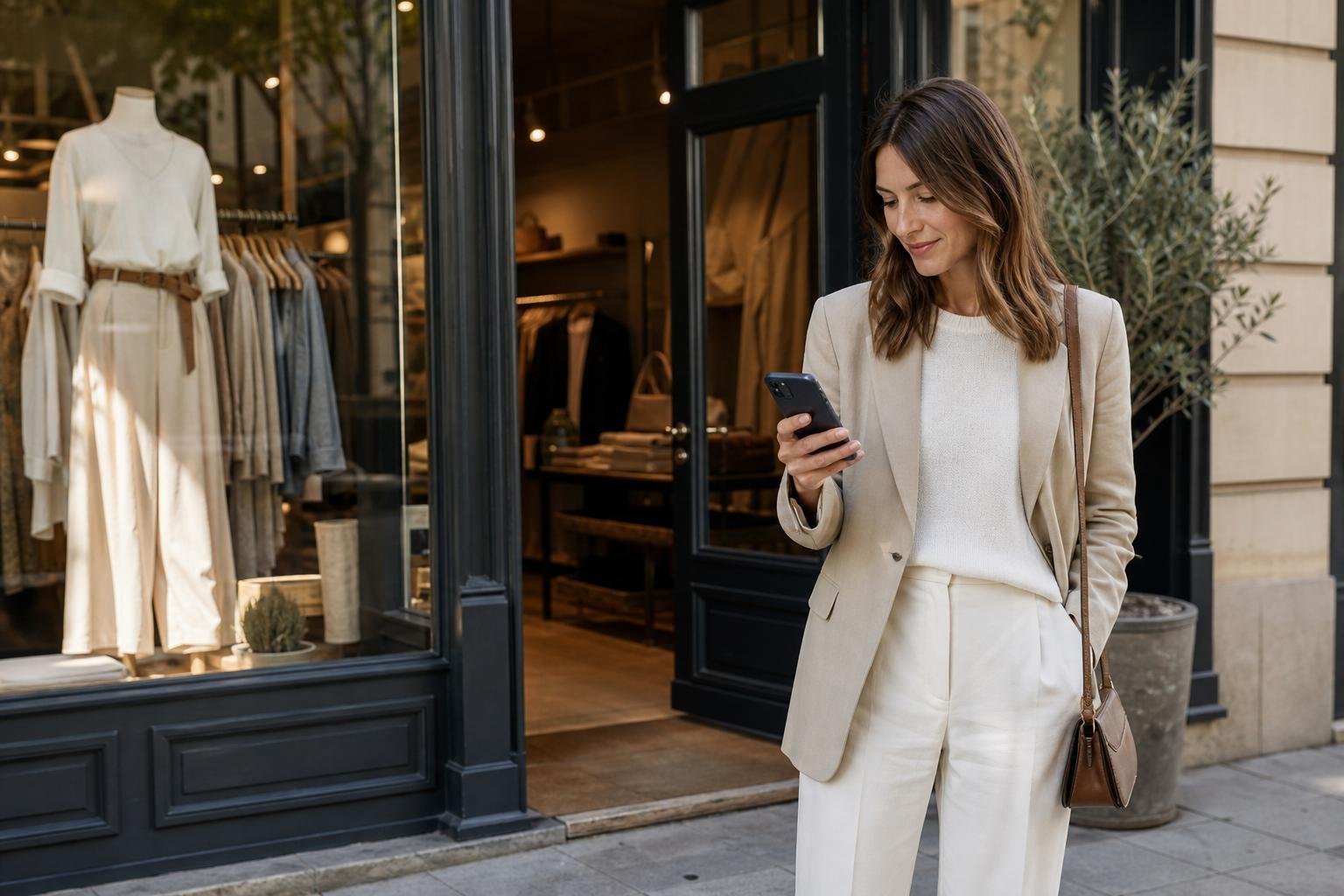 Shopper using a phone to compare clothing near me while standing outside a local boutique