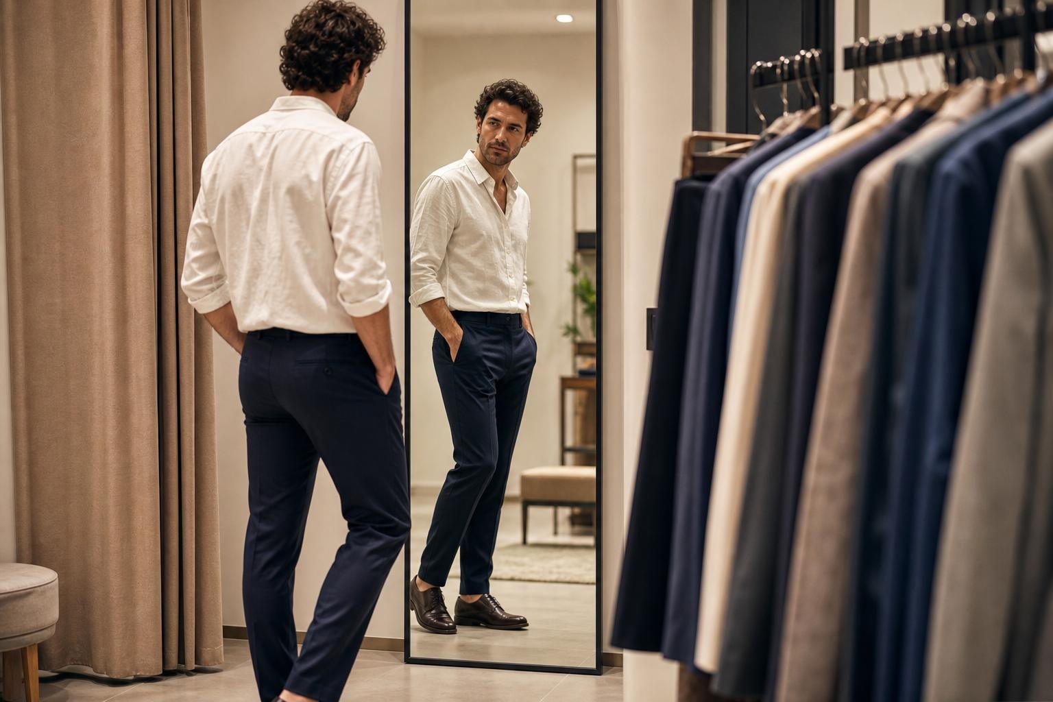 Shopper evaluating the fit of tailored trousers in a bright fitting room mirror