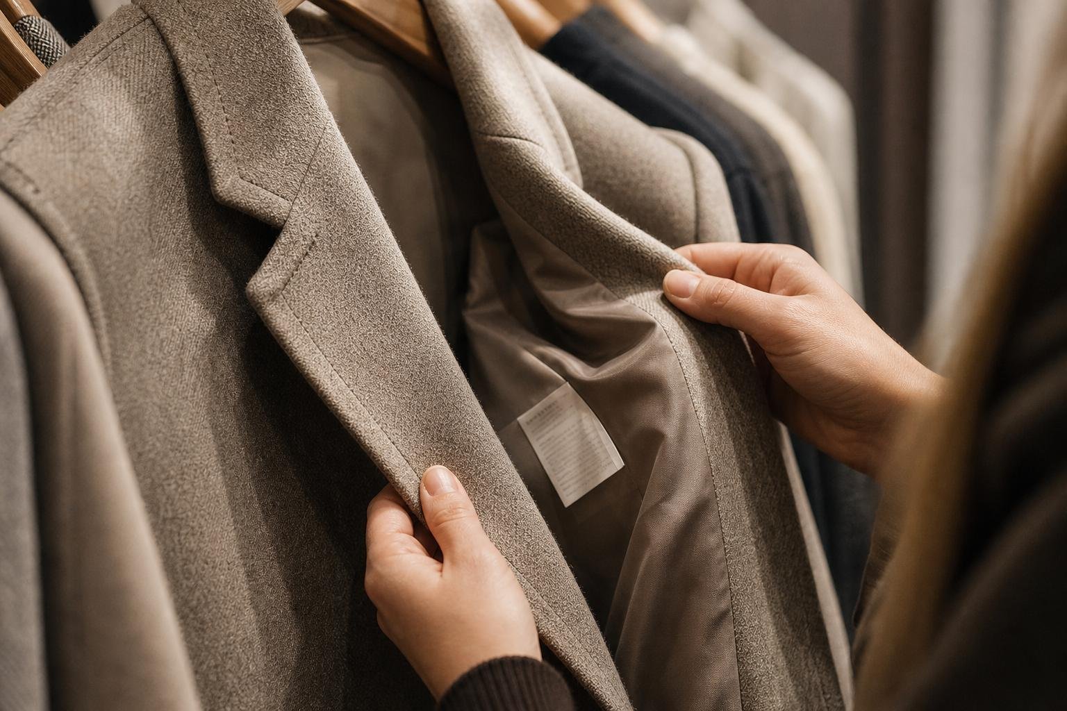 Close view of hands checking fabric, seams, and a garment care label in a clothing store