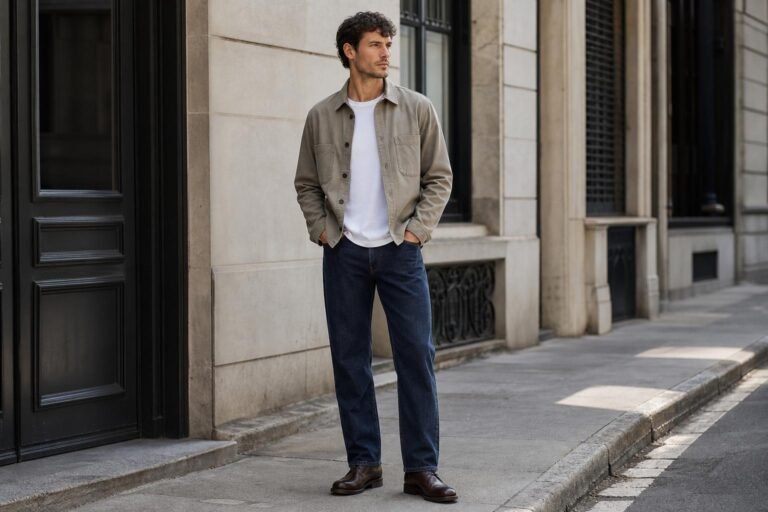 Man wearing dark straight-leg jeans with a casual overshirt and leather boots in an urban setting