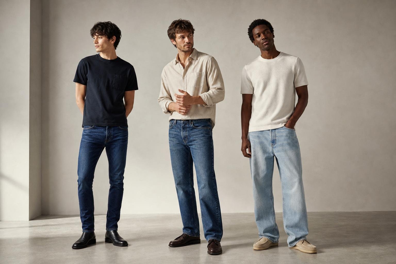 Three adult male models wearing slim, straight, and relaxed jeans with simple neutral tops