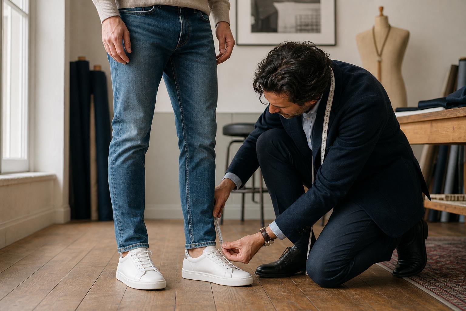 Adult male model in tapered jeans standing beside a tailor measuring the hem near leather sneakers