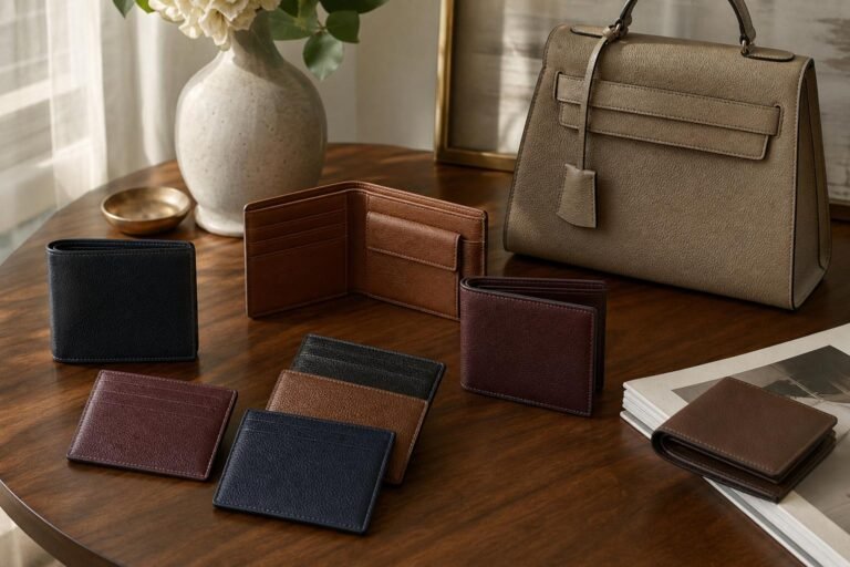 Neutral leather wallets and card holders arranged on a polished wood table beside a structured handbag