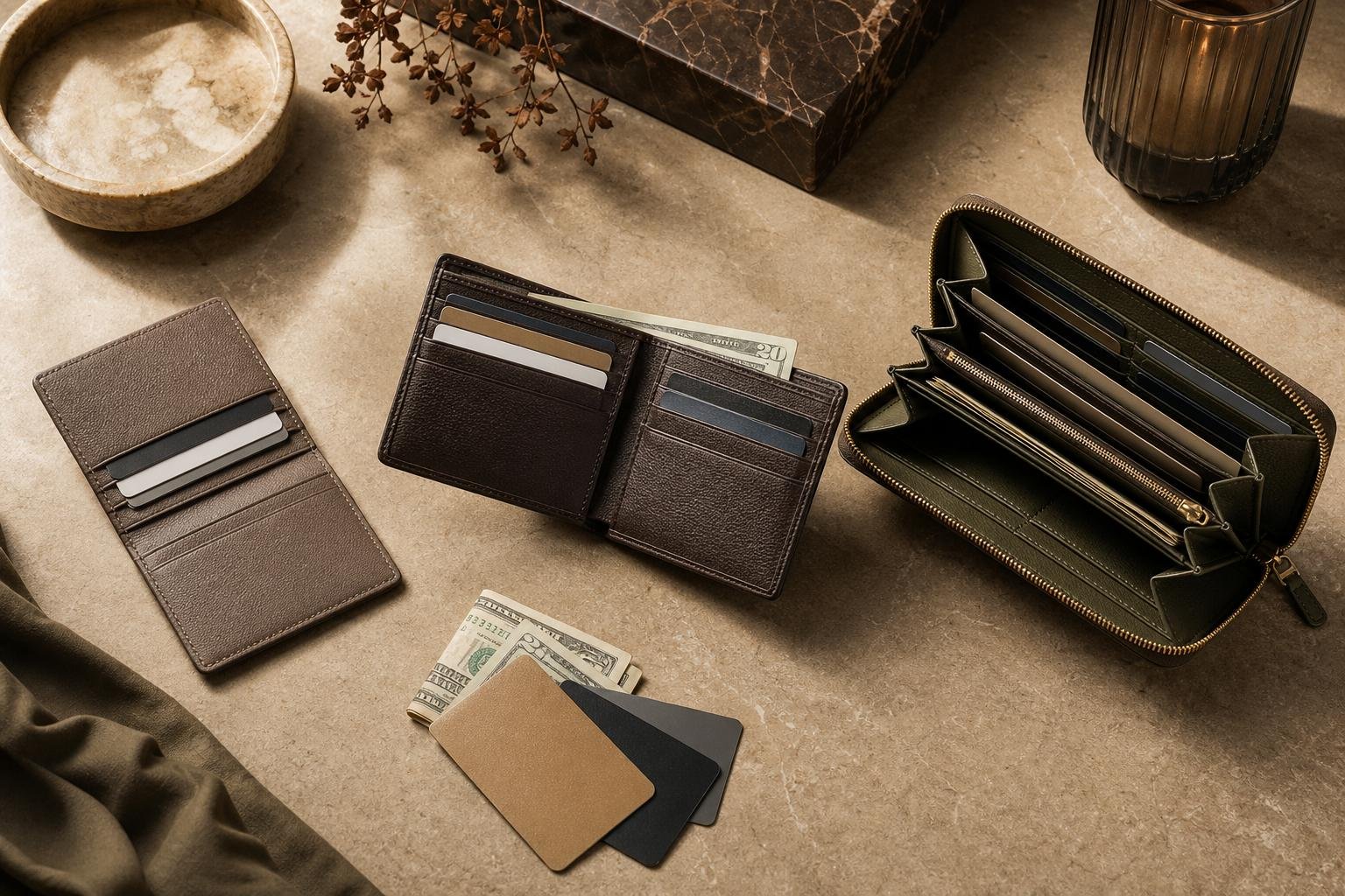 Open bifold, card holder, and zip wallet showing different interior storage layouts