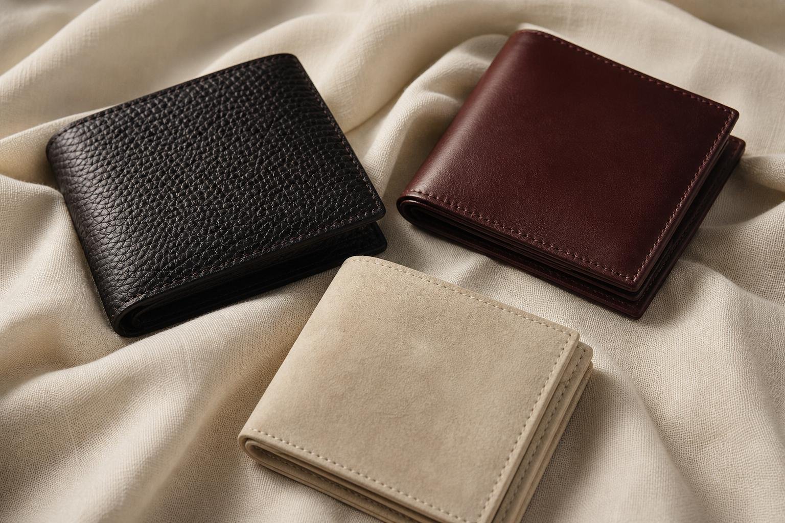 Dark grained leather wallet, smooth leather wallet, and light suede wallet arranged to compare finishes