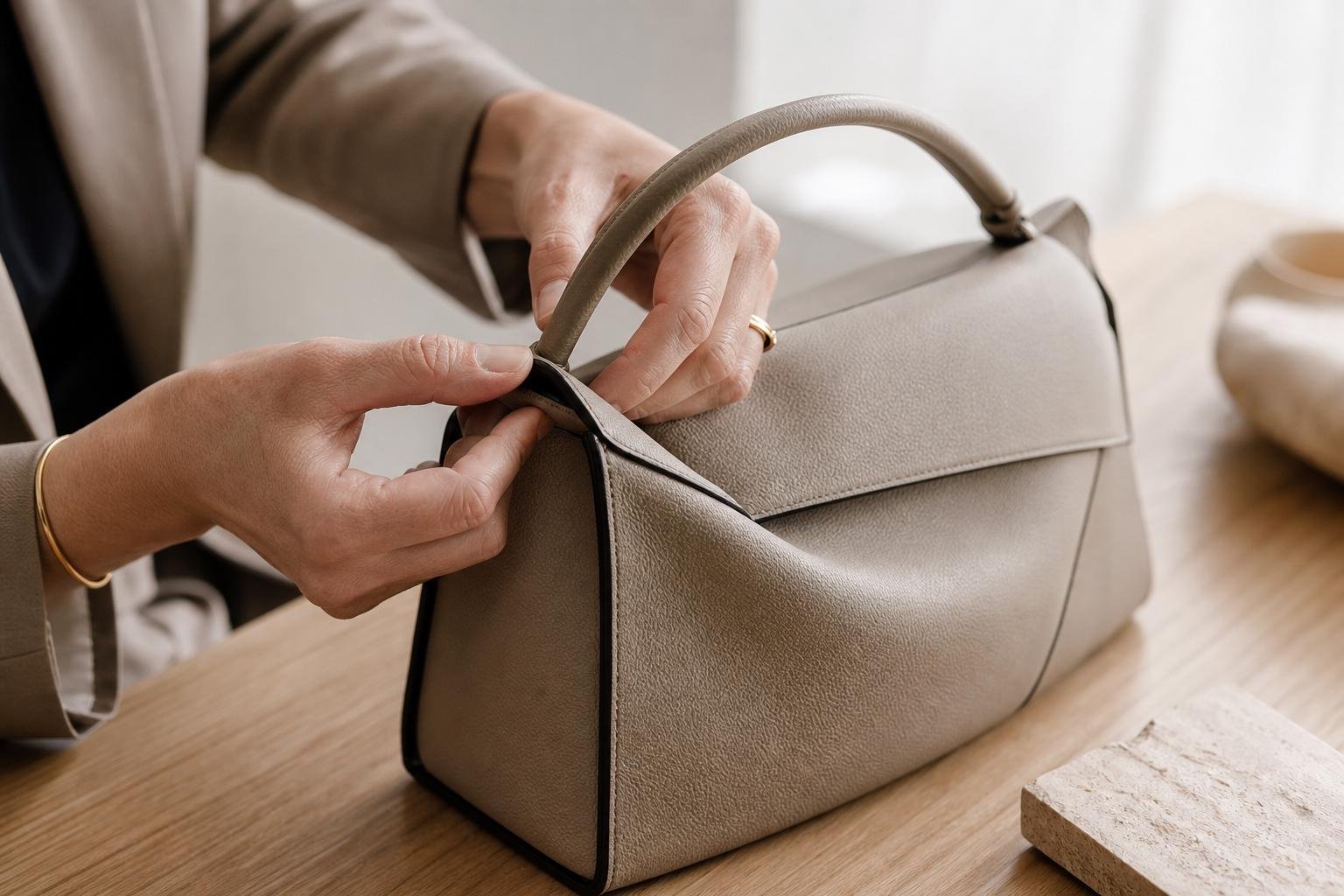 Shopper comparing designer brands by examining the craftsmanship of a leather handbag