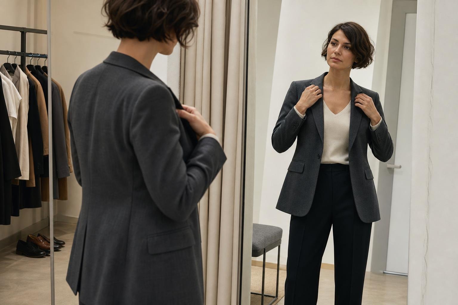 Tailored wool blazer being assessed for shoulder fit in a bright fitting room