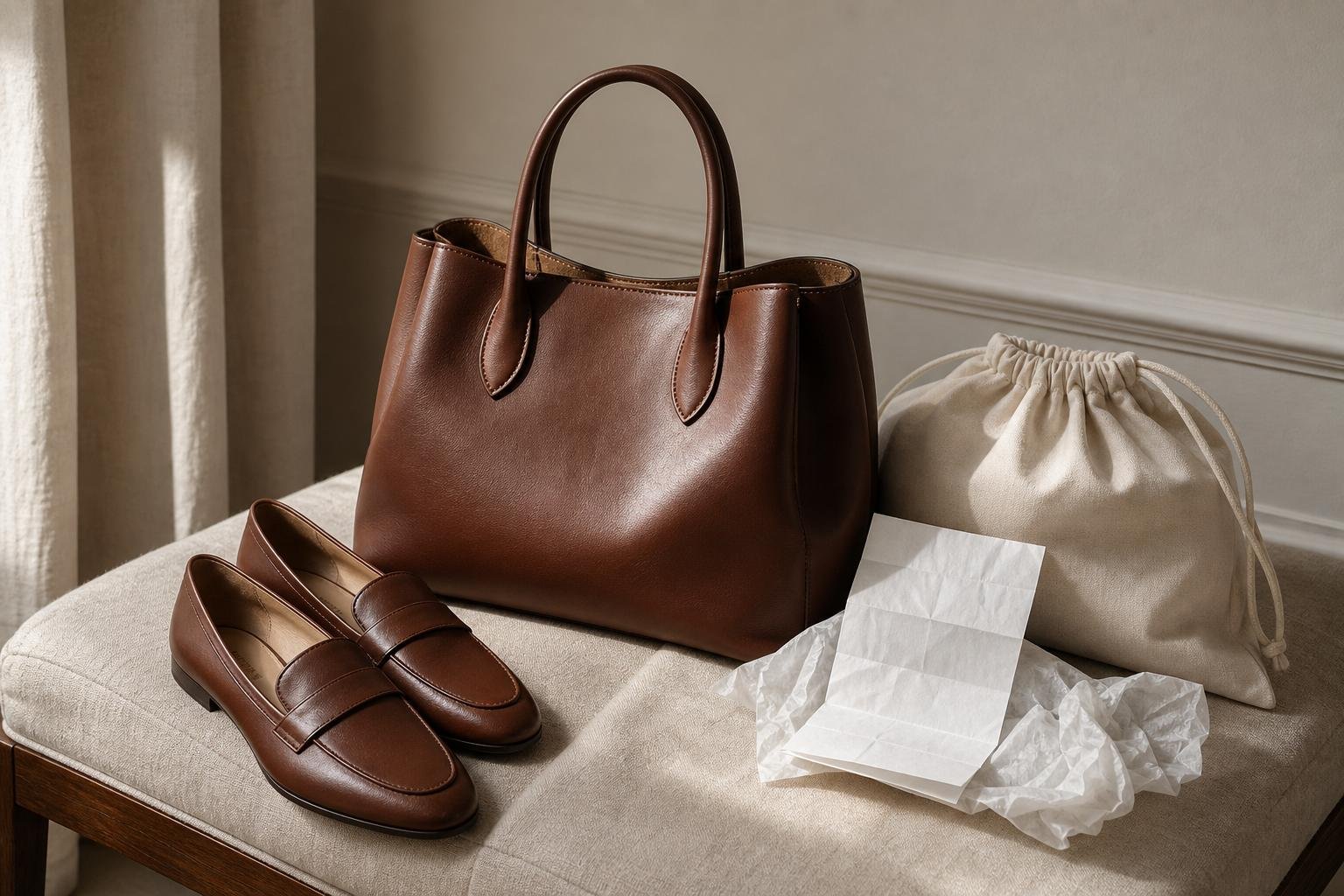 Carefully stored leather bag, shoes, and receipt showing thoughtful luxury item care