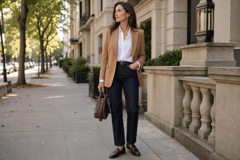 Woman in dark straight-leg jeans, a white shirt, and a tailored blazer in a bright city setting