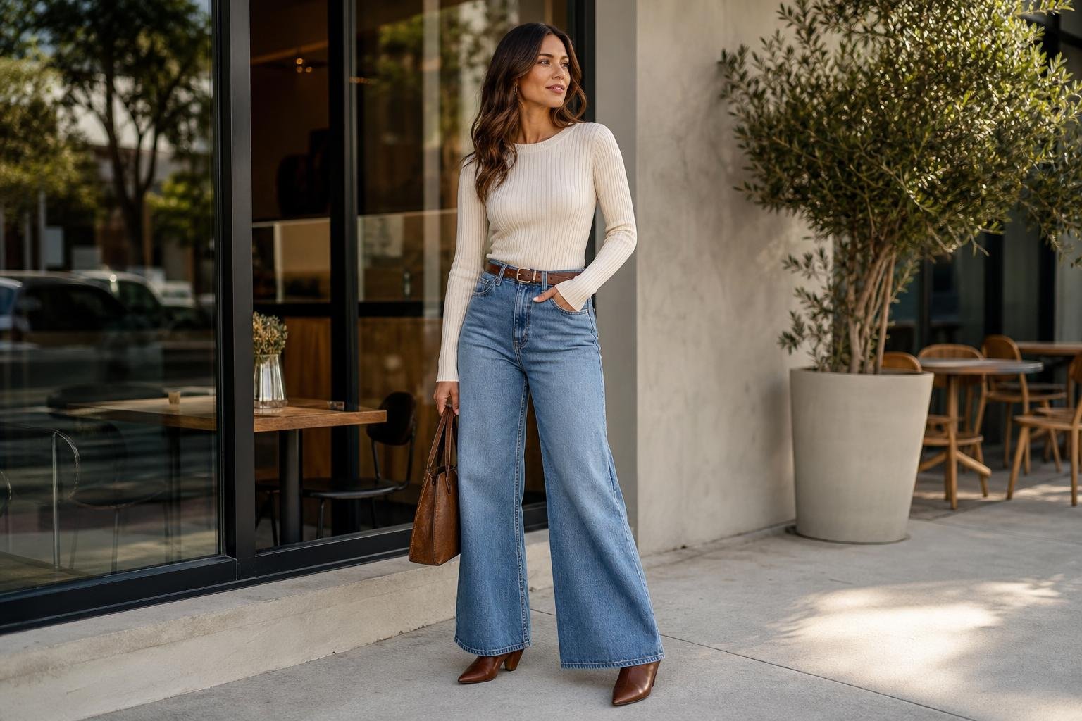 Jeans outfit ideas for ladies shown with wide-leg denim, a fitted knit, and pointed ankle boots