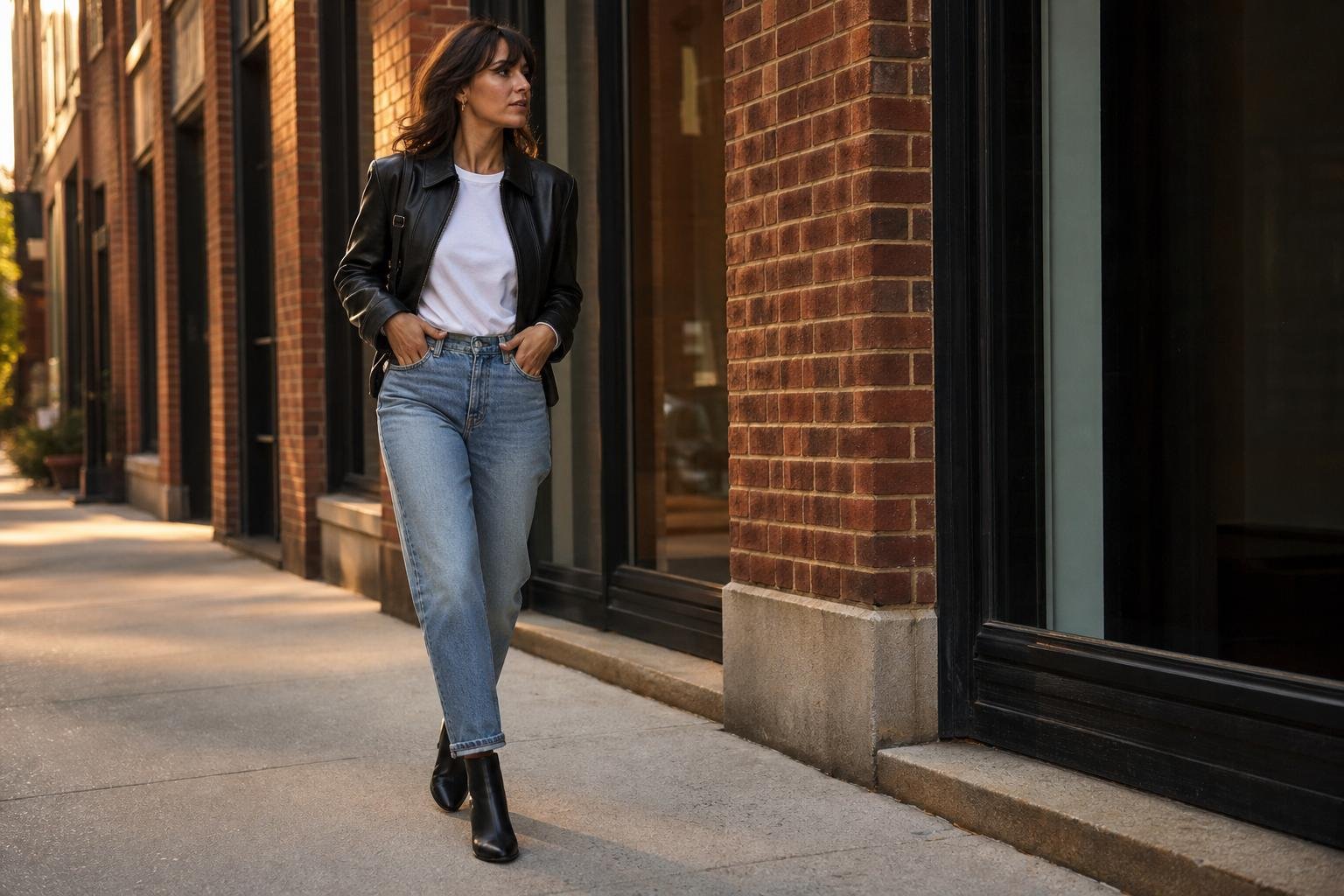 Relaxed blue jeans styled with a cropped leather jacket, white tee, and ankle boots