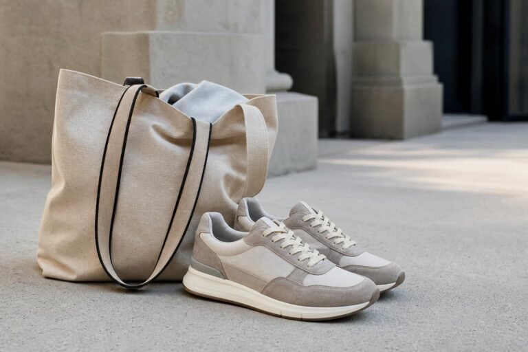 A pair of neutral walking sneakers beside a canvas tote on a city sidewalk