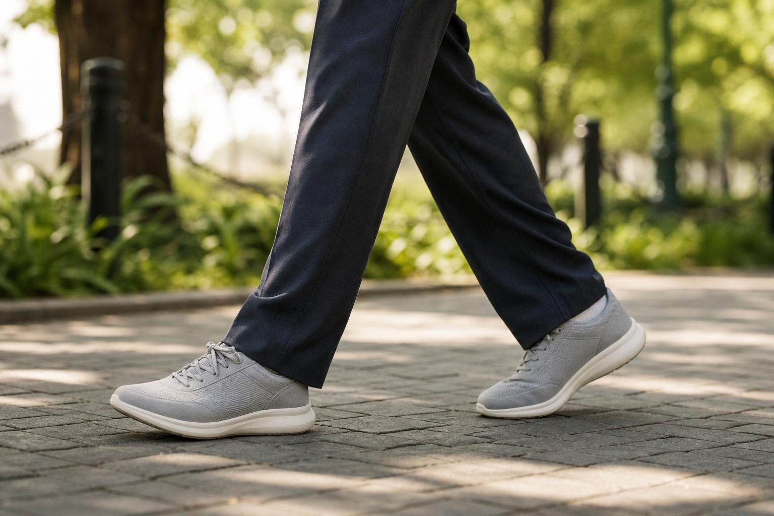 Close view of a person wearing walking sneakers on a paved park path