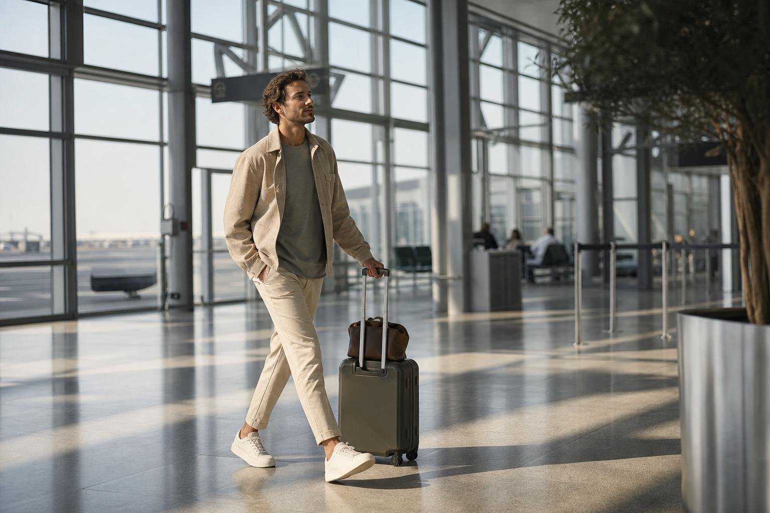 Traveler in a neutral outfit walking through a bright airport concourse in cushioned sneakers