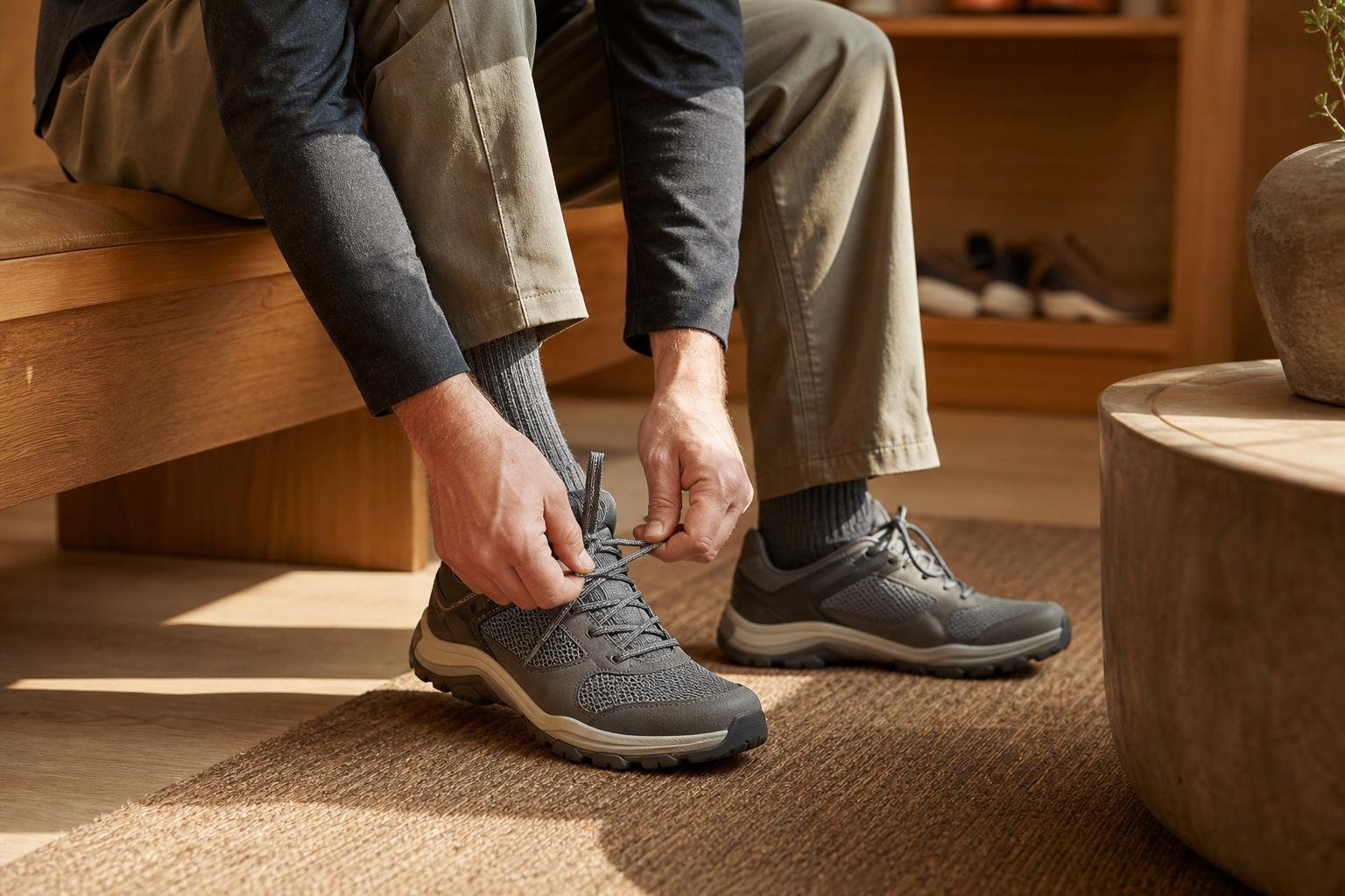 Person trying on a walking shoe while seated on a wooden bench