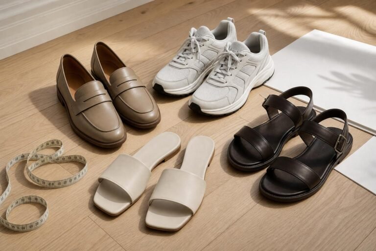 A pair of neutral leather loafers, running shoes, and sandals arranged on a light wood floor beside a measuring tape