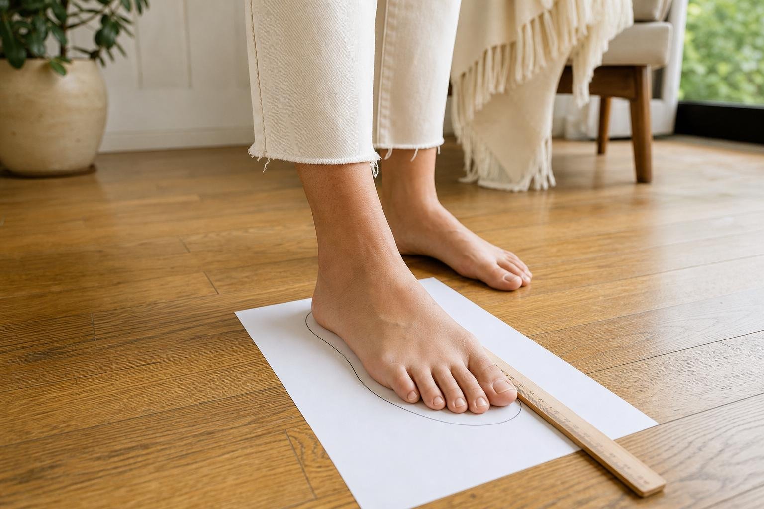 Person standing barefoot on white paper while measuring a traced foot with a ruler