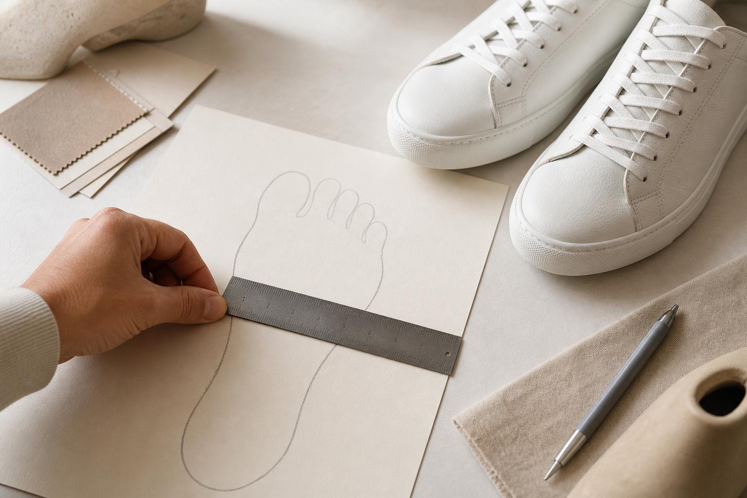 Close view of a ruler measuring the width of a foot outline beside a pair of simple sneakers