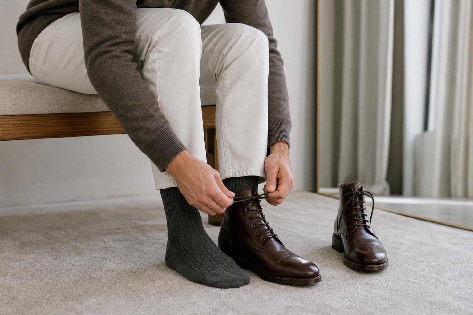 Person trying on lace-up leather ankle boots while checking toe room and heel fit