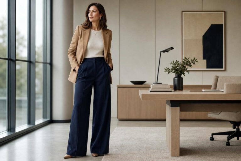 Woman in a tailored blazer and wide-leg trousers standing in a bright modern office