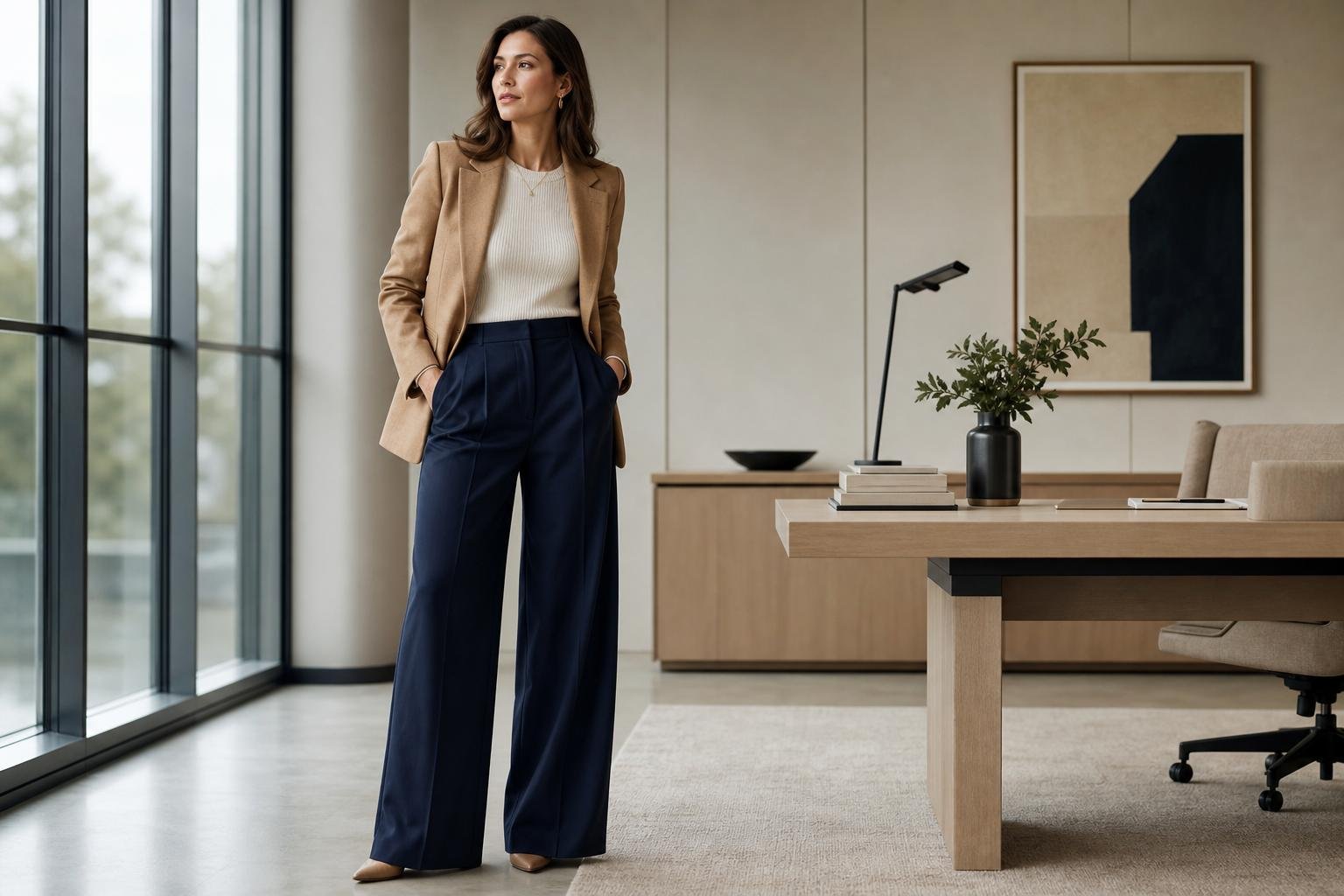 Woman in a tailored blazer and wide-leg trousers standing in a bright modern office