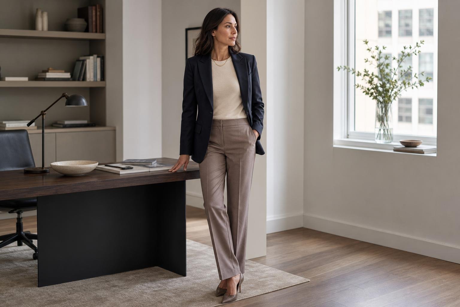 Business casual outfit ideas for women shown with a navy blazer, cream knit top, and tailored trousers