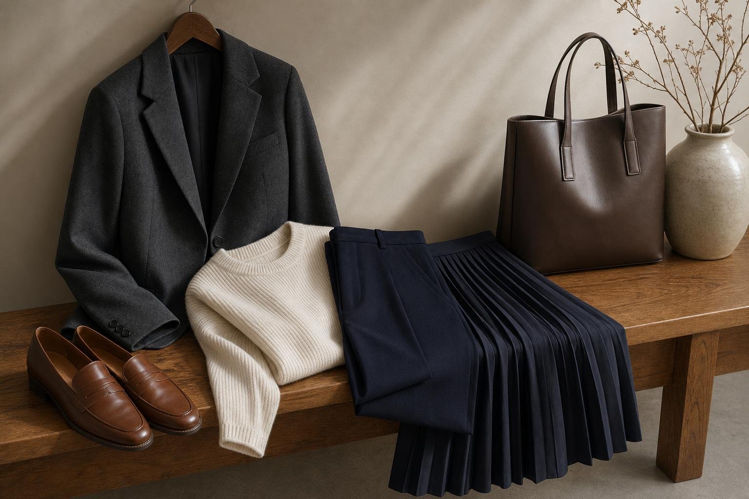 Neutral workwear capsule with trousers, blazer, midi skirt, loafers, and structured bag