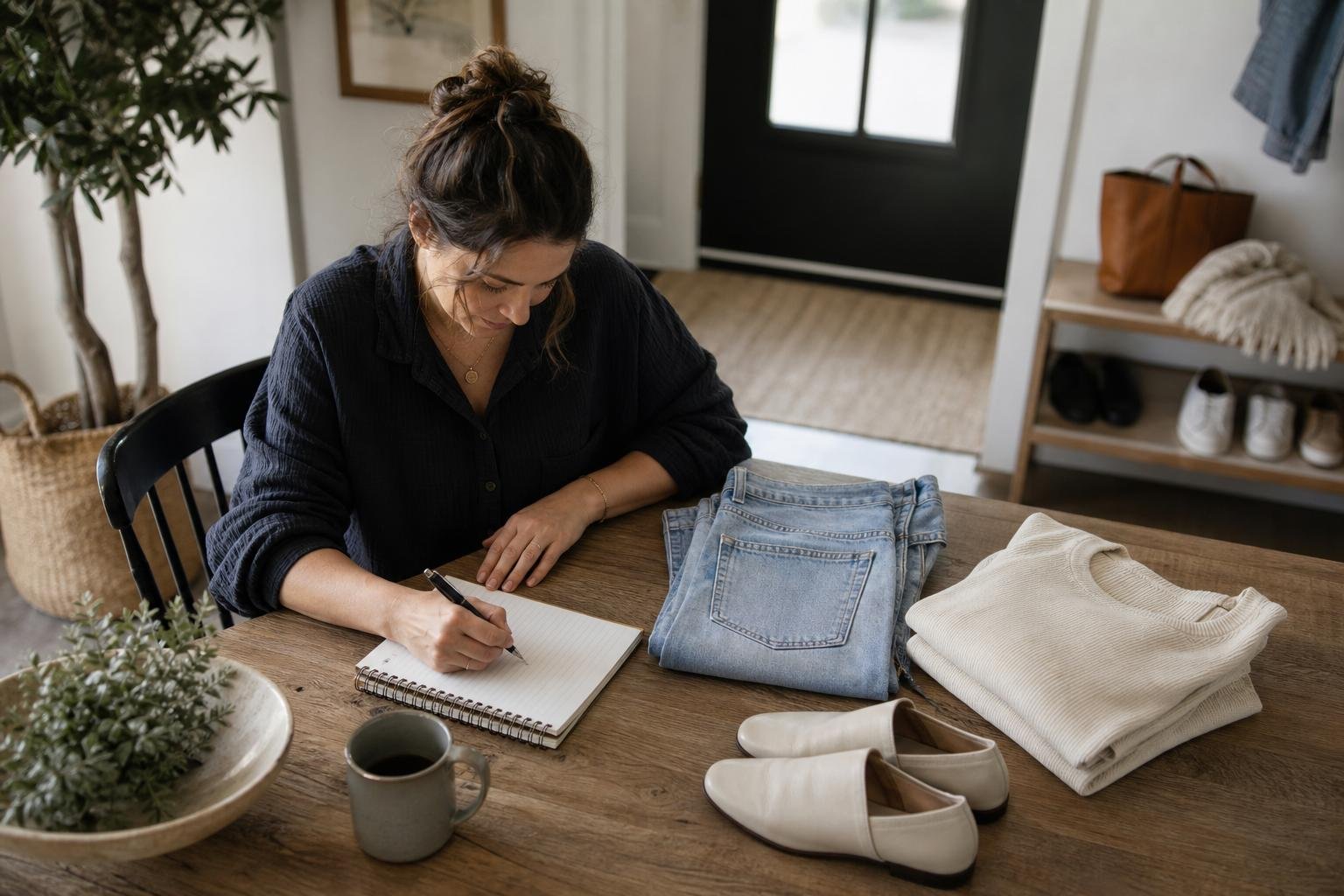 Shopper planning a clothing store near me visit with a wardrobe checklist and folded basics