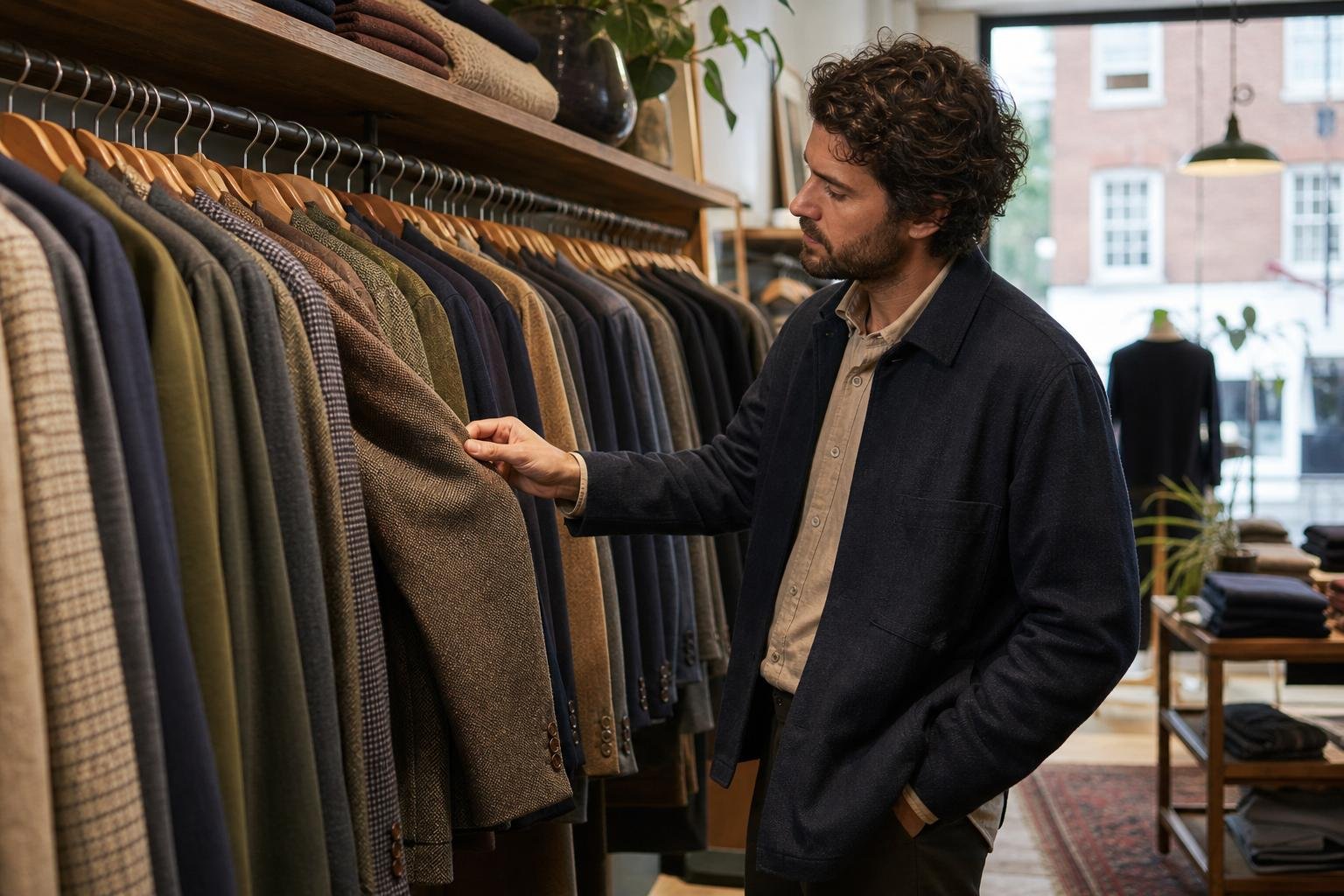 Adult shopper comparing fabric and fit options on clothing racks in a local boutique