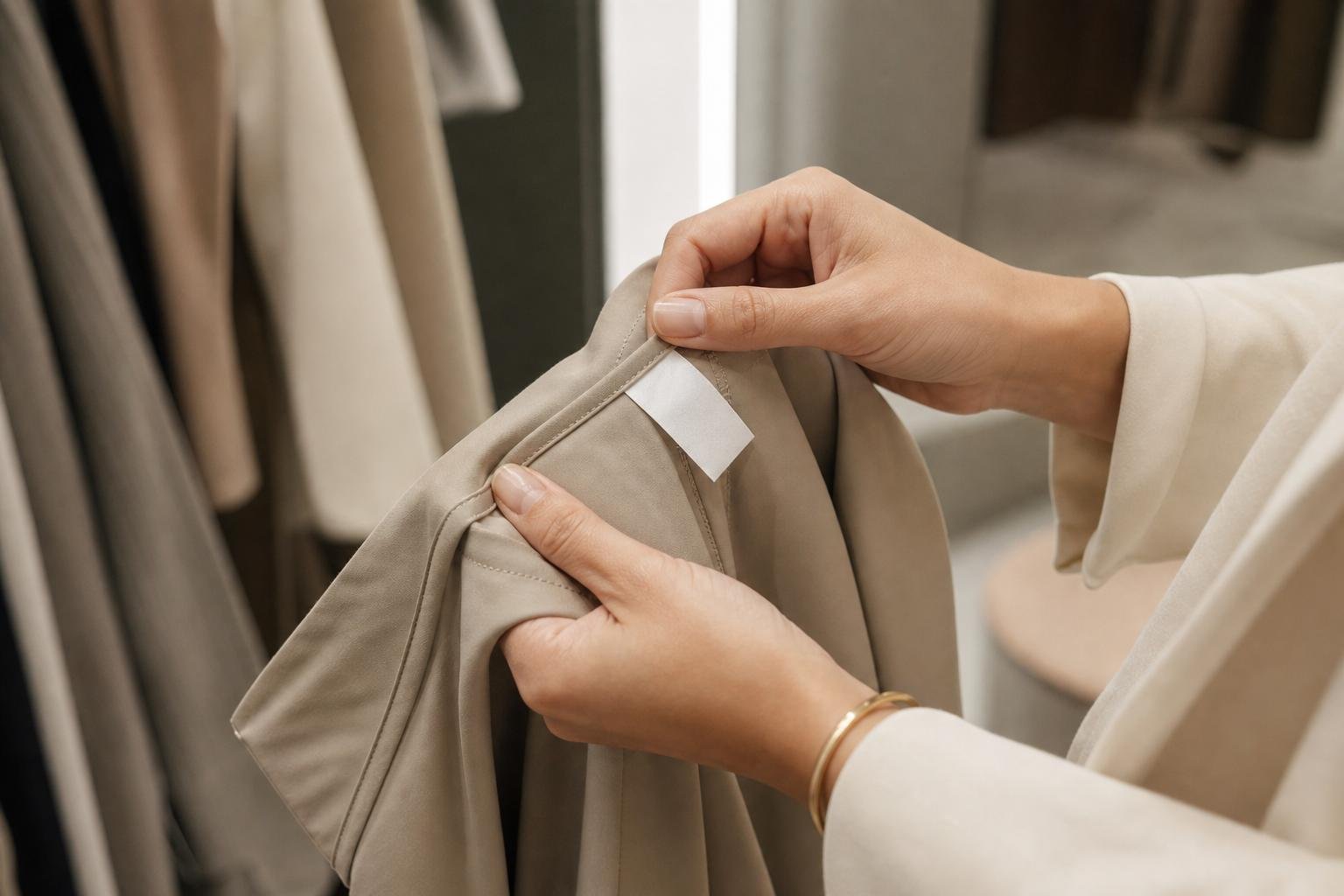 Close view of hands examining garment seams and fabric care label in a fitting room