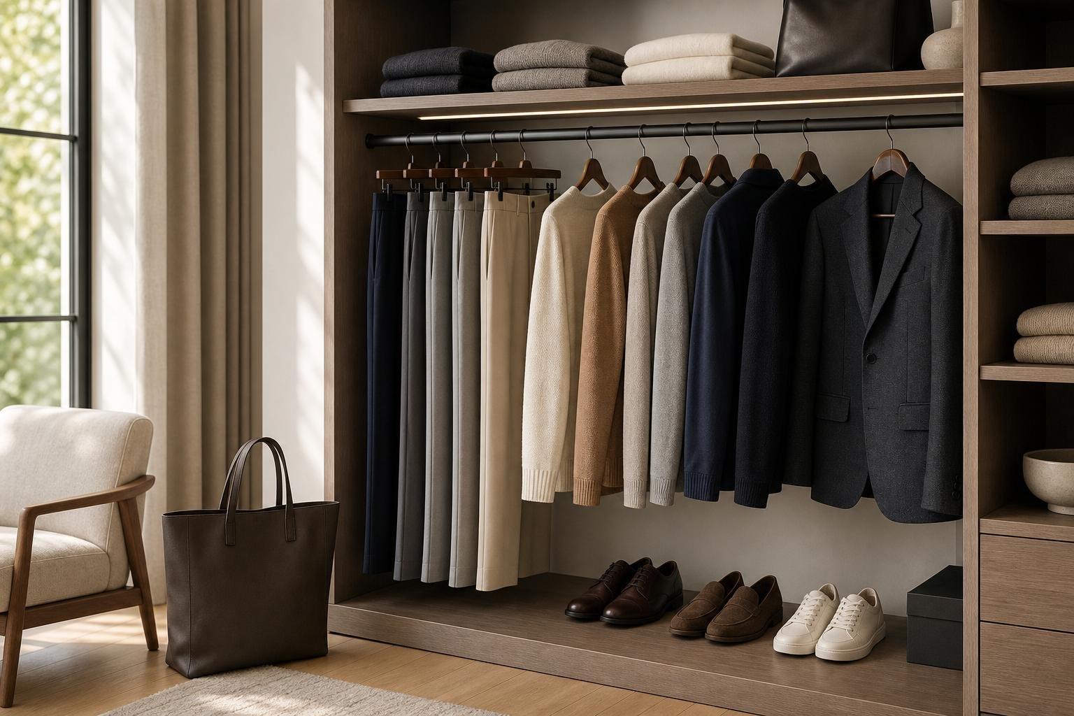 Organized neutral wardrobe with tailored separates, knitwear, shoes, and a shopping tote in a bright dressing room