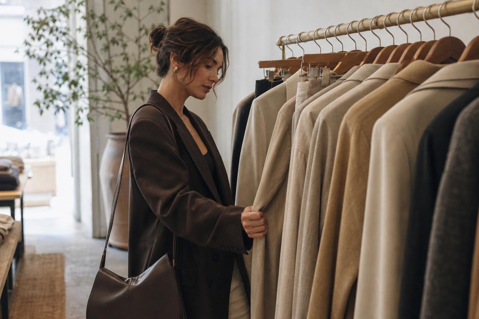Shopper reviewing clothing and sales options on a rack of neutral jackets and trousers in a boutique