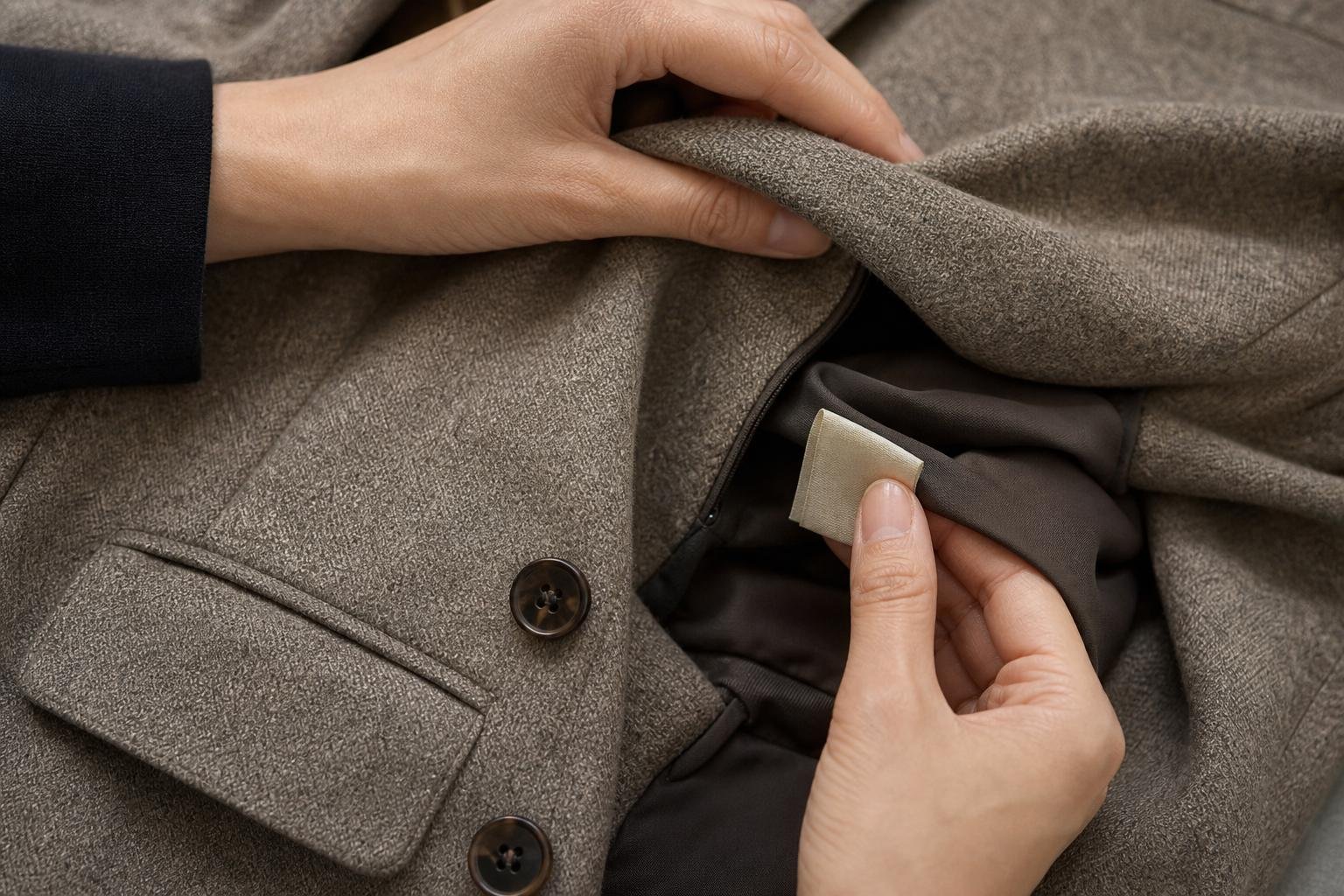 Close view of hands checking fabric, stitching, and a garment care label on a wool-blend blazer