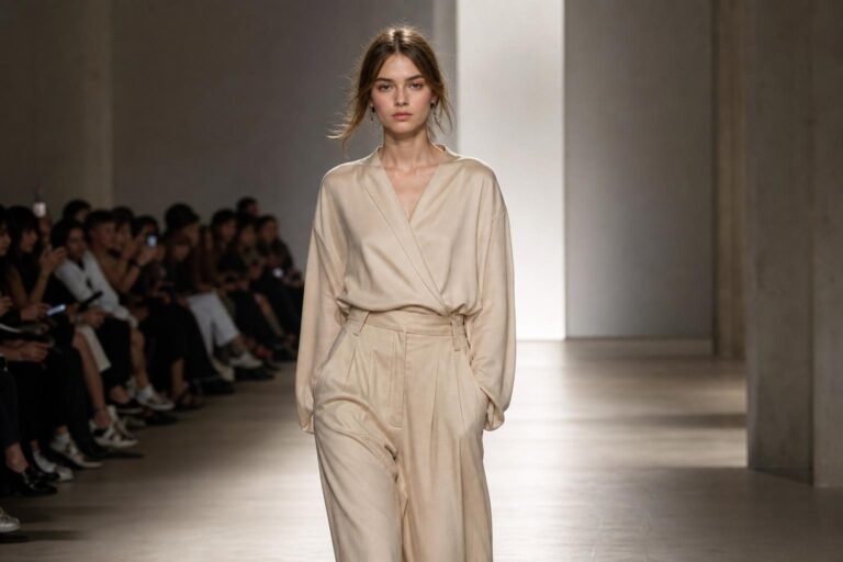 Model walking confidently down a minimalist fashion runway under soft spotlights