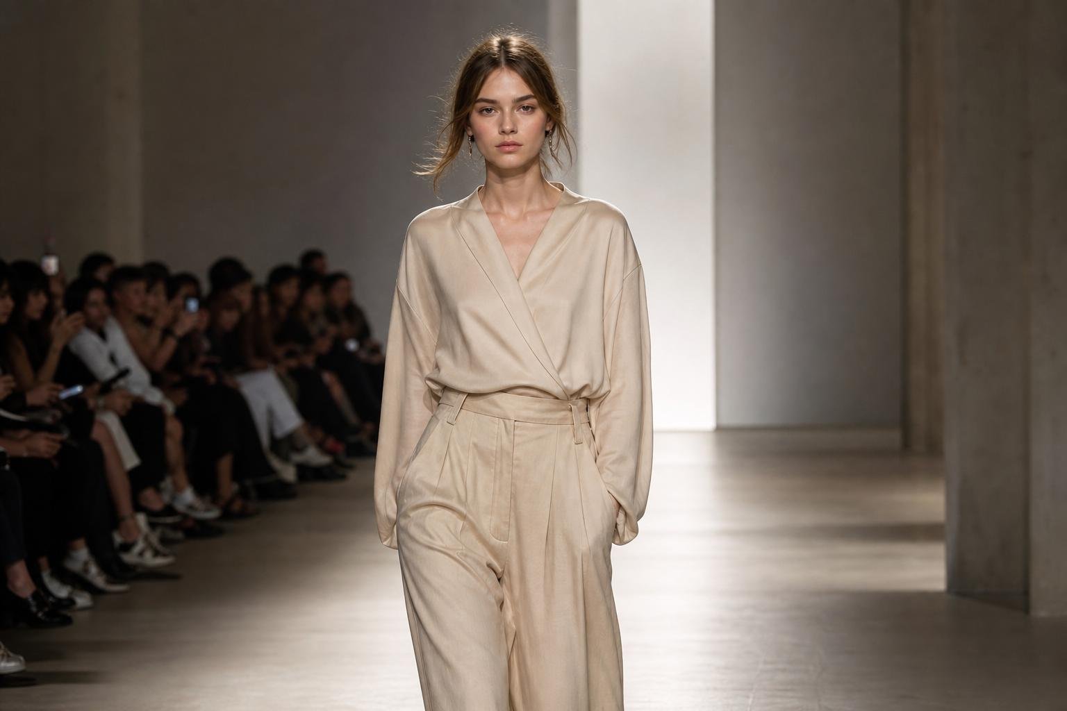 Model walking confidently down a minimalist fashion runway under soft spotlights