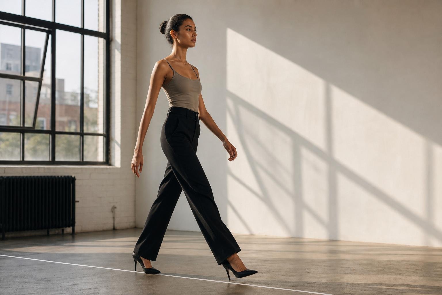 Runway model practicing a poised walk in a bright studio with a marked floor line