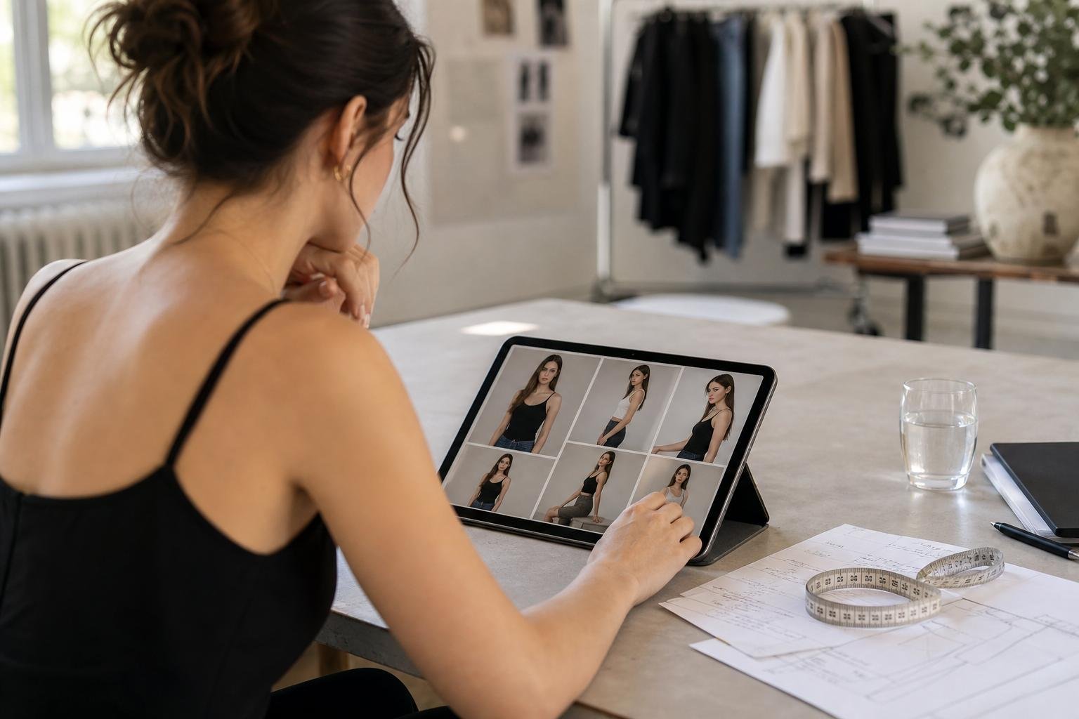 Aspiring model reviewing natural-light portfolio digitals on a tablet beside printed measurements